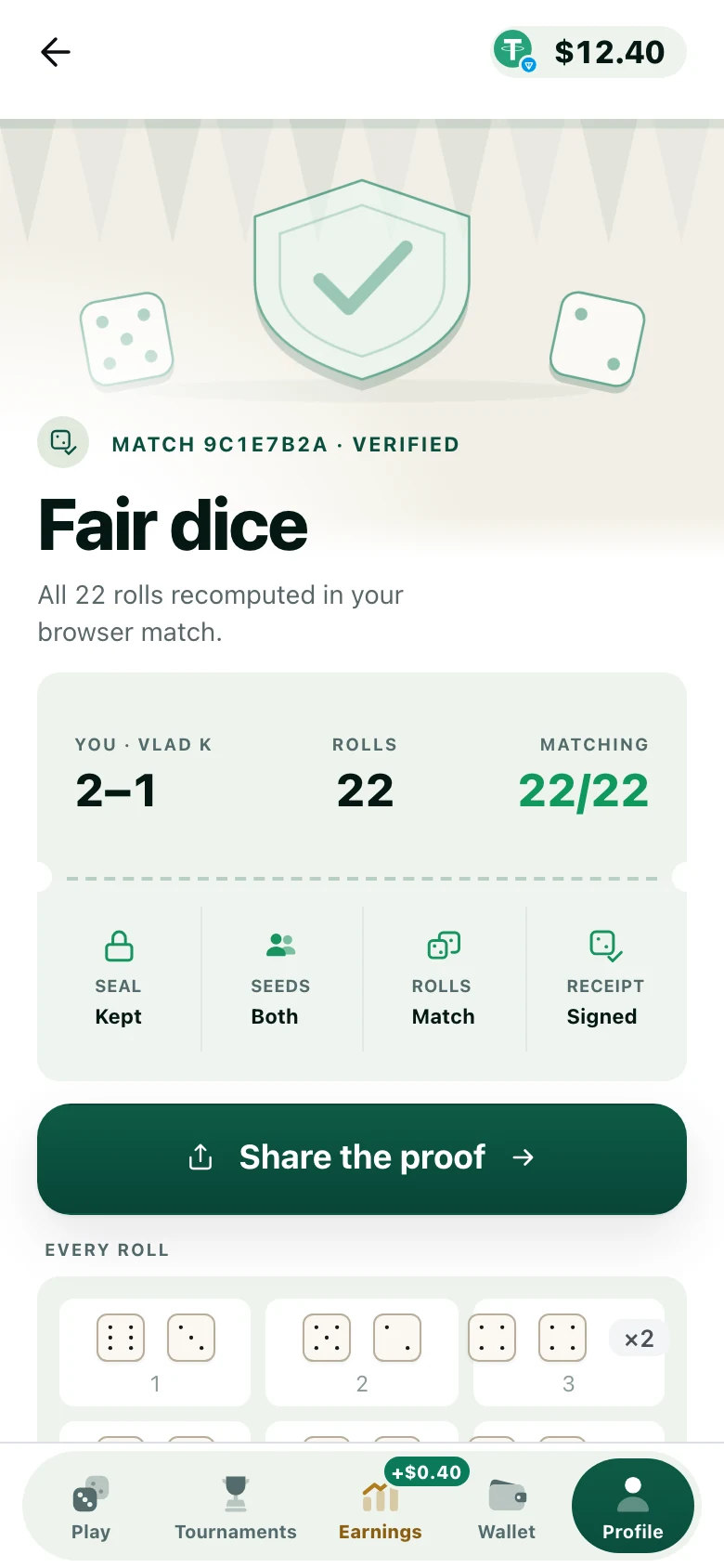 Fair dice: all 22 rolls of a match recomputed in the browser, all matching