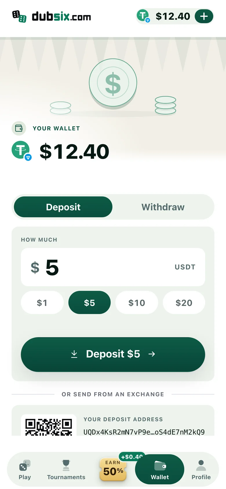 Your wallet: $12.40, deposit and withdraw